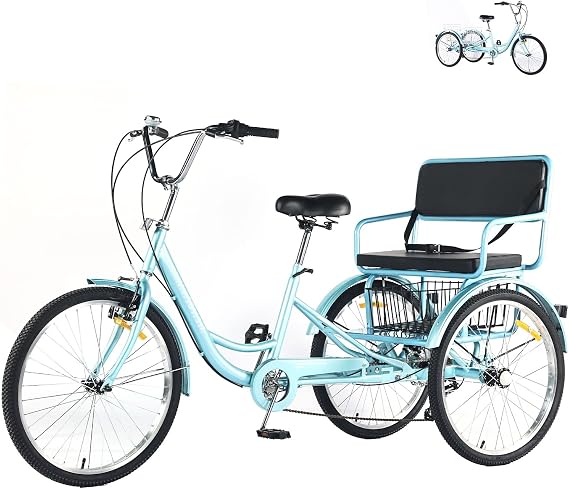 Adult Tricycle 24 Inch 7 Speed for Seniors Women, Extended Wheelbase 3 Wheel Bikes with Rear Seat and Large Capacity Basket, Adult Trikes Bike Max Load 550 Lbs