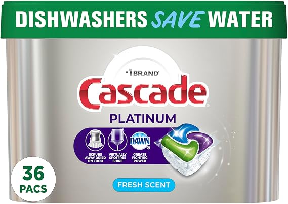 Cascade Platinum Dishwasher Pods, ActionPacs Dishwasher Detergent with Dishwasher Cleaner Action, Fresh Scent, 36 count(Packaging May Vary)