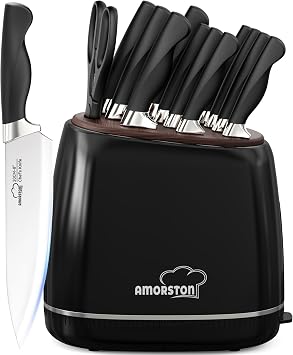 Knife Set, Amorston 14-Piece Kitchen Knives Set with Block & Sharpening Stone, Stainless Steel Dishwasher Safe, Knife Block Set with Ergonomic Handle, Professional Kitchen Knives for Home Cooking