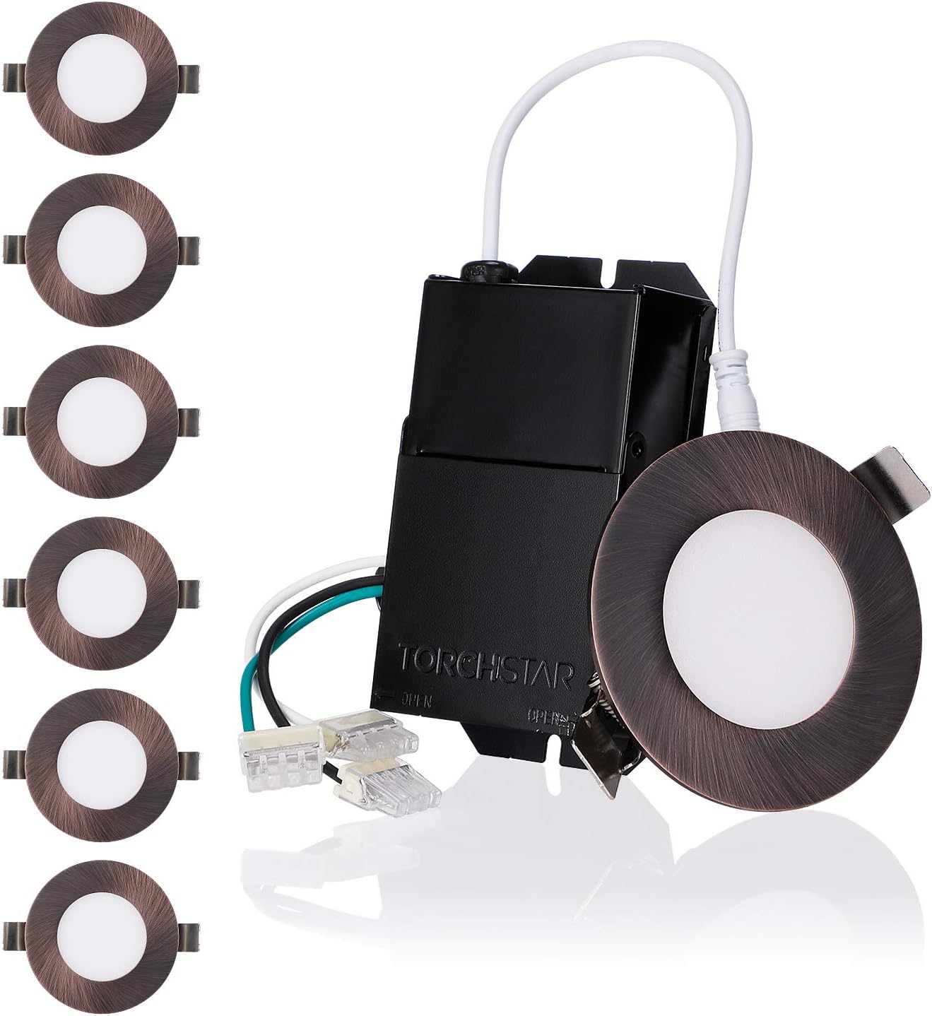 TORCHSTAR E-Lite Series 3 Inch Ultra-Thin LED Recessed Lighting with J-Box, CRI90 Dimmable 7W Slim Panel Downlight, Wet Location, ETL & ES Listed, Oil Rubbed Bronze, 2700K Soft White, Pack of 6