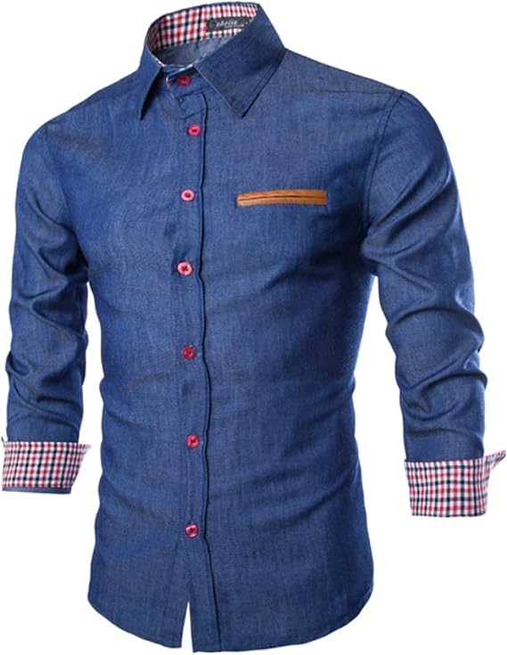 Elonglin Men's Chic Shirt Denim Cotton Long Sleeves Dress Shirt Botton Down Shirt Slim Shirt