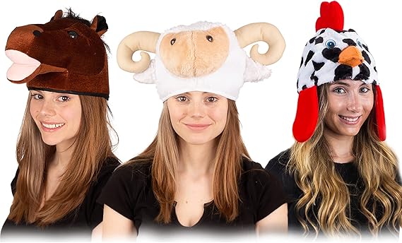Tigerdoe Farm Animal Hats Set - Animal Costume Hat - Farm Dress Up - Plush Rooster, Horse, Sheep - 3 Pc Set