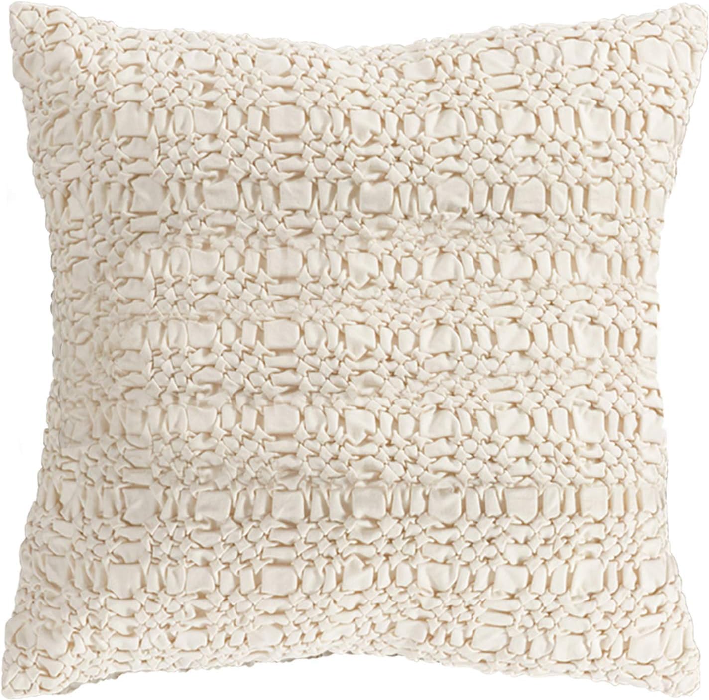 SARO LIFESTYLE Smocked Design Cotton Down Filled Throw Pillow, 20, Ivory