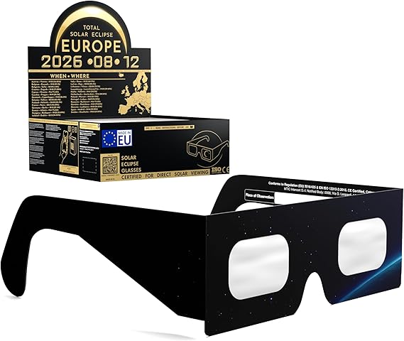 Solar Eclipse Glasses ISO 12312-2 & CE Certified – Safe Solar Viewing for Direct Sun & August 2026 Eclipse | Paper Cardboard Frame, Made in EU | For Kids & Adults