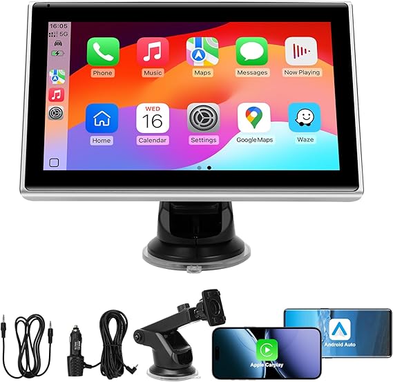 7" Portable Wireless CarPlay Screen for Car Apple CarPlay & Android Auto, HD Touch Screen Car Stereo, Bluetooth, GPS Navigation, Voice Control, Plug-and-Play with FM/AUX/Mirror Link (Silver)