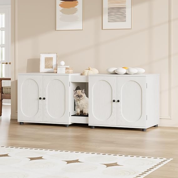 Spacious Double Cat Litter Box Enclosure for 2 Cats, Modern Hidden Litter Cabinet, Ventilated Wood Furniture, Easy-Clean Pad, Extra Large Cat Washroom 55.1 x 17.9 x 22.1in, White