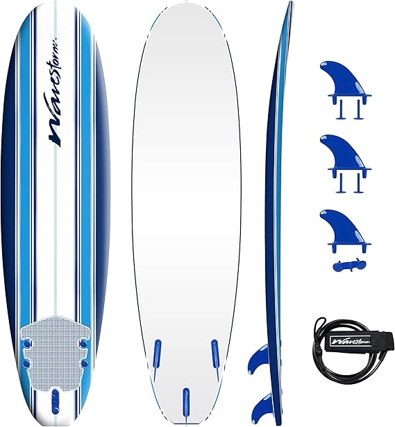 Wavestorm - Classic Soft Top Foam 7' Surfboard Complete Set for Beginners and All Surfing Levels with Leash and Multiple Fin Heat Lamination, Blue Pin Line AZ22-WSSF700-PIN