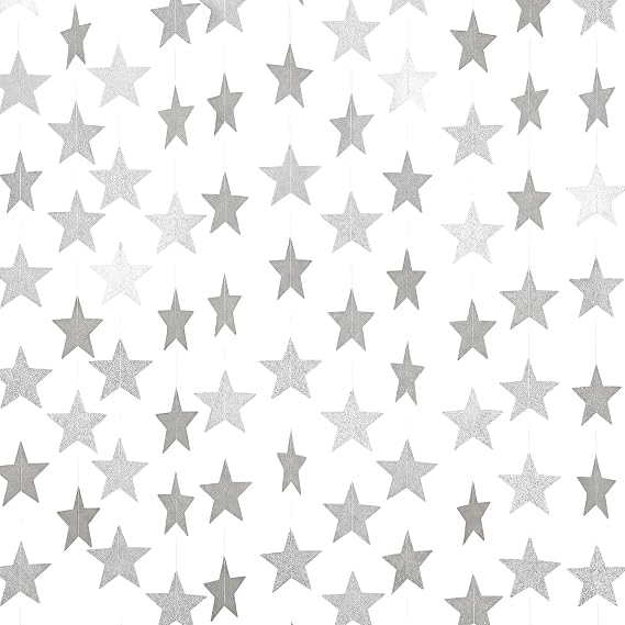 Spakon 65 Ft Star Garland Hanging Decoration Double Sided,Glitter Silver | Glitter Paper Star Streamers Banner for Birthday Wedding New Year Party, Ceiling Backdrop Wall Decor Supplies