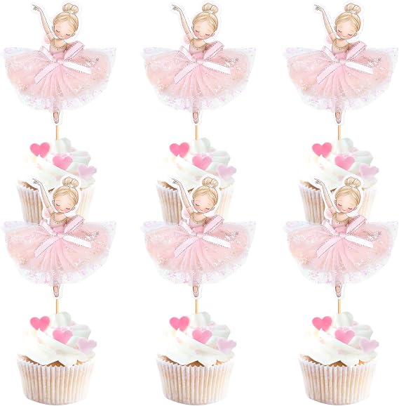 24Pcs Ballerina Pink Tutu Cupcake Toppers Ballet Girls with Pink Chiffon Skirt Cupcake Picks for Ballet Dancing Baby Shower Dance Girls 10th 13rd 16th 18th 21st Birthday Cake Cupcake Decorations
