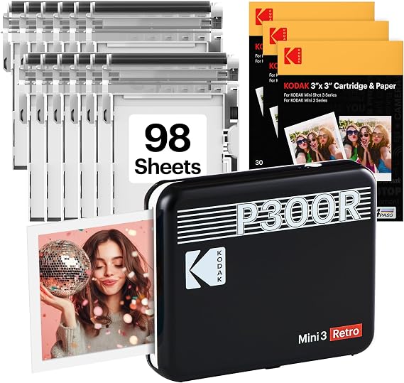 KODAK Mini 3 Retro 3x3'' Portable Photo Printer, 98 Sheets, Bluetooth Smartphone Printer for iPhone & Android, Instant Color Prints, 4PASS Dye Sublimation, Black