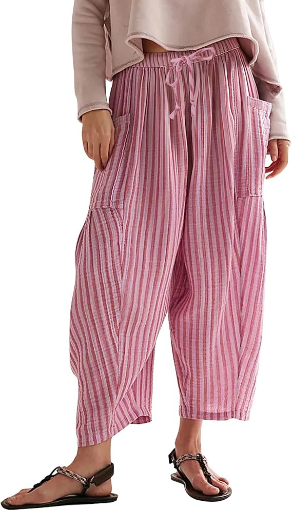 MISSACTIVER Women Summer Striped Harem Pants Flowy Baggy Casual Wide Leg Trousers Drawstring Boho Palazzo Pants with Pockets