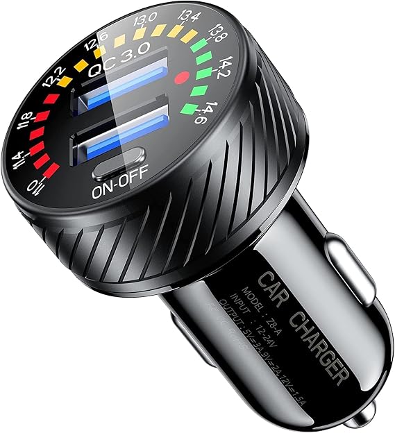 KEWIG Car Charger, 36W Fast Car Charger Adapter, Dual USB Car Fast Charge with Colorful Voltmeter & ON/Off Switch