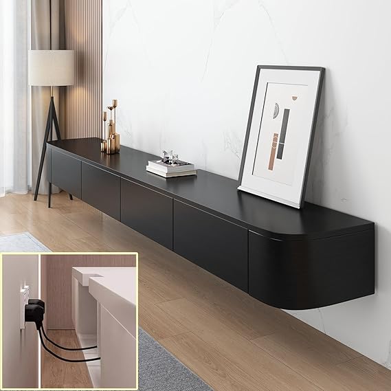 TV Media Console Floating TV Cabinet Wall Mounted TV Cabinet Multi Large Storage TV Bench Under TV Lowboard with drawers Router Bracket (Black, 120 * 20 * 24CM)
