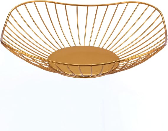 IBWell Short Curved-Edge Modern Creative Stylish Single Tier Dish,Metal Iron Wire Fruit Vegetables Bread Decorative Stand Serving Bowls Basket Holder (Square Dish) (1, Gold)