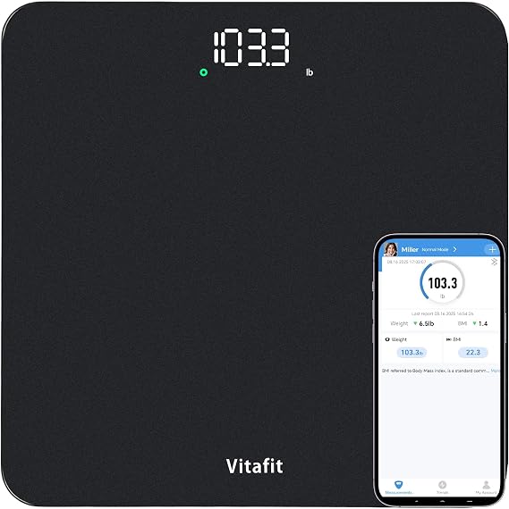 Vitafit Smart Digital Bathroom Scale for Body Weight, High Precision Assured by Weight Scale Professional Factory Since 2001, BMI with App, 400lb in 0.1lb, Spray Silver Black
