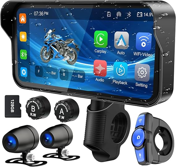 6.25" Motorcycle Carplay with HD Waterproof Touchscreen, Android Auto, TPMS, GPS Navigation System, Dash Cam, Remote Control, Loop Recording, Support Siri, Bluetooth, Inclued 128G SD Card