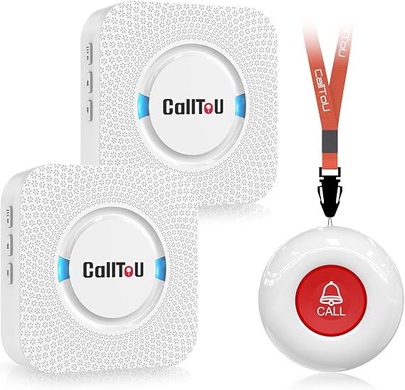 CallToU Caregiver Pager Wireless Call Button Nurse Alert System 500+ Feet for Home/Elderly/Patient/Disabled 06WS (2 Receiver 1 Round Button (3 Piece))