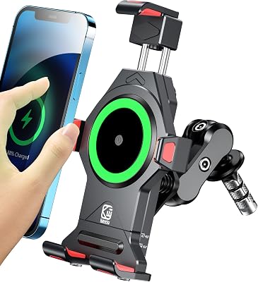 BRCOVAN Motorcycle Fork Stem Phone Mount with Qi 15W Wireless Charger & Vibration Dampener, Anti-Theft, Anti-Shake, Adjustable, Aluminum Alloy Motorcycle Cellphone Holder for 4.7-7.2 Smartphone