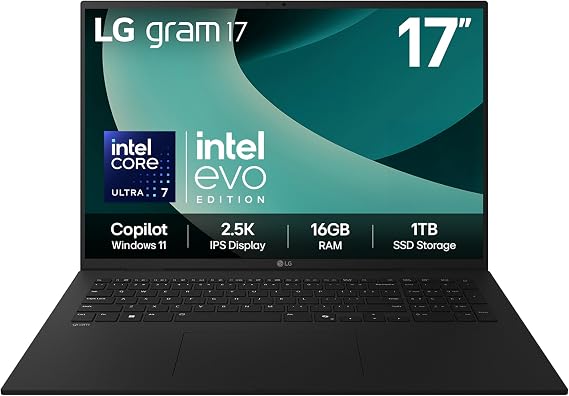 LG gram 17Z90T - 17 Inch 2.5K IPS Ultra-Lightweight Laptop, Intel Core Ultra 7 255H - EVO Edition, 16GB RAM, 1TB SSD, Windows 11 Home, gram Hybrid AI, Copilot, Black (2025)
