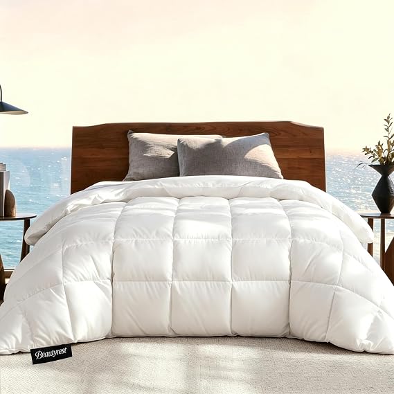 Beautyrest Luxury Hotel Collection King Size White Goose Feather Down Fiber Comforter,Ultra-Soft 100% Cotton Breathable Down Comforter Fluffy Duvet Insert,Light Warmth/King(106"x90")