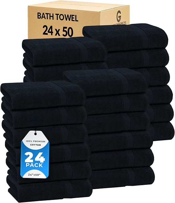 GOLD TEXTILES Premium Grey 100% Cotton Bath Towels Set (24 Pack, 24 x 50 Inch) High Absorbency Multipurpose Quick Drying Pool Gym Hotel Spa Bath Towel (24, Grey)