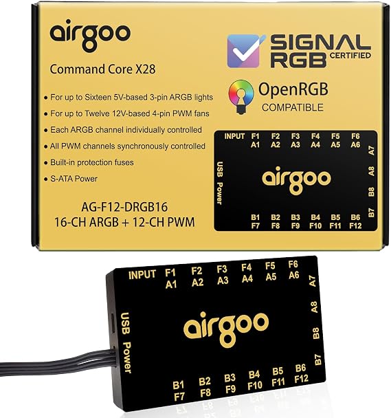 Airgoo 2-in-1 16-CH ARGB Controller & PWM Fan Hub Support SignalRGB OpenRGB | SATA Powered ARGB Fan Hub, With ample expansion interfaces and strong built-in magnets, Easy Install for Full-Tower Cases