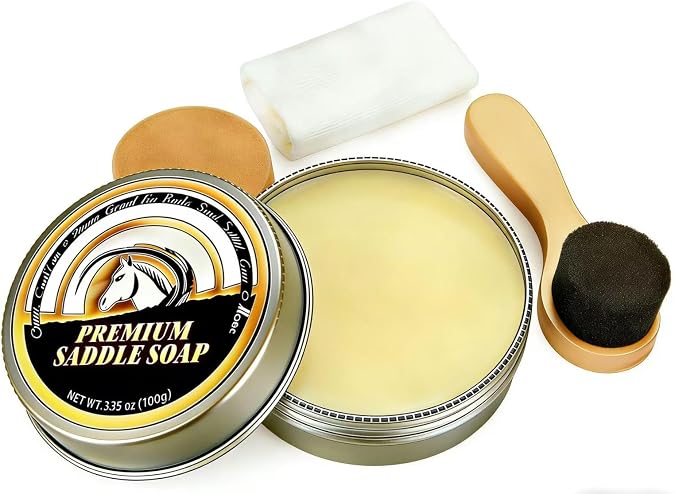 Saddle Soap for Leather All-Natural 3-in-1 Leather Cleaner & Conditioner Kit with Horsehair Brush & Cloth For Boots, Bags, Saddles, Car Interiors, Shoes 3.52oz