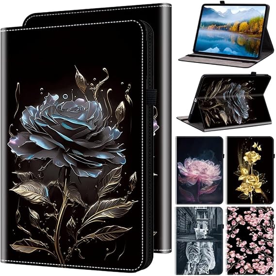 Case for Amazon FIRE 7 2022 Features Card Holder, Multi-Angle Kickstand & Golden Art Design, Slim Protective Folio Cover - Rose