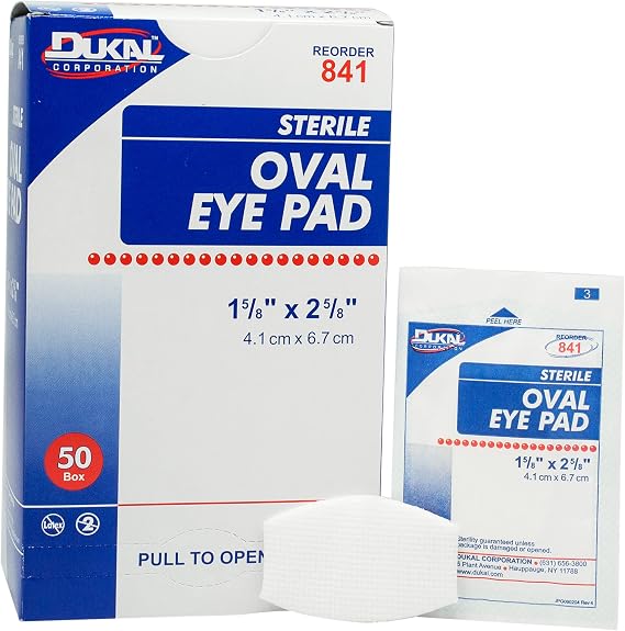 Dukal 841 Oval Eye Cotton Pads 1 5/8 in. x 2 5/8. in. (Box of 50) | Sterile, Individually Wrapped, Non Woven Cover, Sealed Edges, Easy Place Tab, Latex Free, Dispenser Box