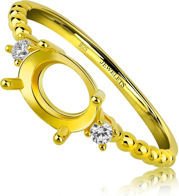 Silver Ring Blank 6x8mm Prong Setting with Two CZ Side Stones, DIY Fine Jewelry Semi Mount Base Gold Plated