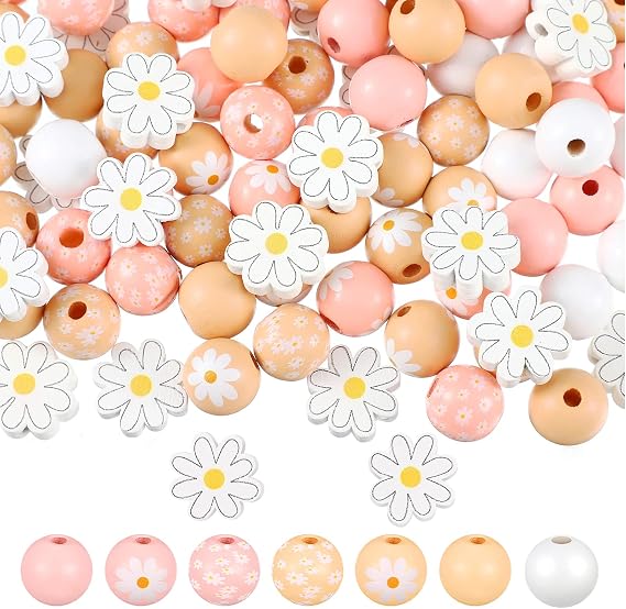 Buryeah 200 Pcs Daisy Flower Wooden Beads Set 16mm Daisy Round Beads 20mm Rustic Farmhouse Colorful Floral Printed Charms for Spring Summer DIY Crafts Jewelry Garland Keychain Making