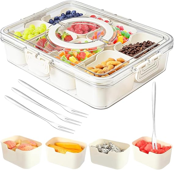 Dunruz Snackle Box Container,Portable Snack Box 8 Compartment Divided Serving Tray with Lid,Clear Storage Organizer for Fruit Candy Nuts Veggie-Perfect for Road Travel Party