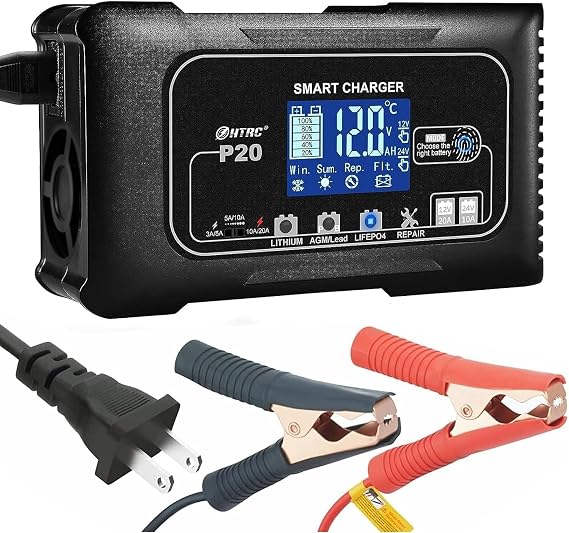 20Amp 12/24V Smart Car Battery Charger Fully Automatic Maintainer, Trickle Charger/Desulfator with Overcharge Protection & Temperature Compensation for LiFePO4 Lead Acid Lithium Batteries