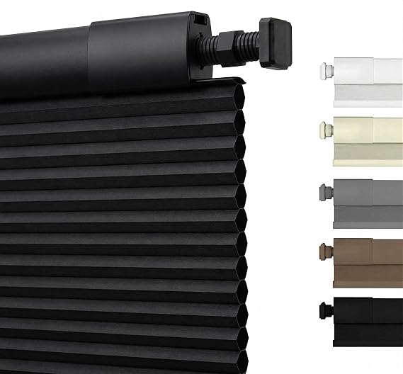 No Drill Honeycomb Pleated Blinds for Indoor Window Blackout Cordless Cellular Shades No Tools Privacy Blinds for Home Easy Fit Custom Shades for Bedroom Office(Black,Custom Size)