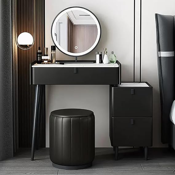 Makeup Table, Rock Board Vanity Desk, Microfiber Leather Makeup Vanity Table, Dressing Table with LED Light Mirror, Women Makeup Desk with Side Cabinet, Vanity Set with Stool(Black,70cm/27.