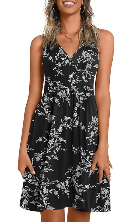 CATHY Women V Neck Sleeveless Dresses with Pockets Summer Sundress S-2XL