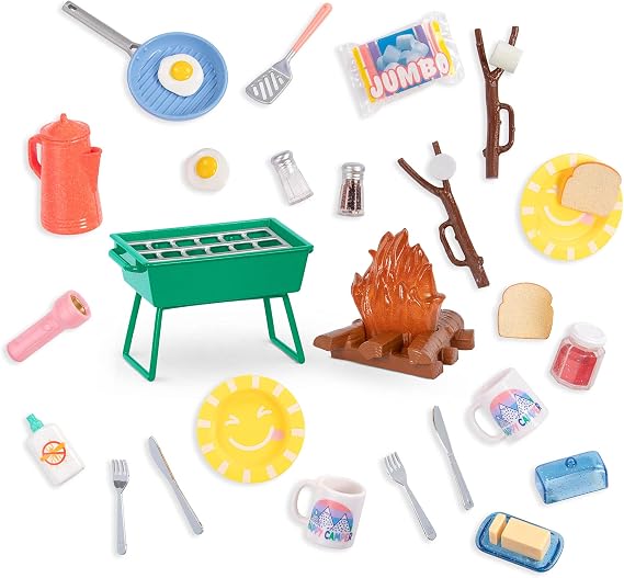 Glitter Girls 14-Inch Doll Accessories, Campfire & Portable BBQ Grill | 32-piece camping playset with campfire, portable BBQ grill, marshmallows, play food, flashlight and bug spray, 3+ Years