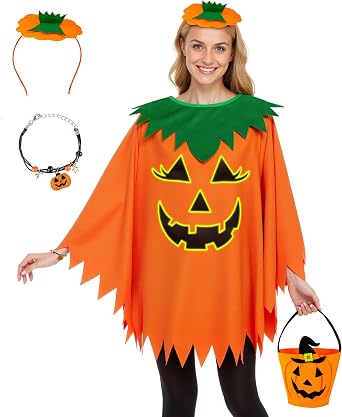 4 PCS Halloween Pumpkin Costume for Women, Glow in the Dark Pumpkin Poncho with Bracelet, Headband & Candy Bag