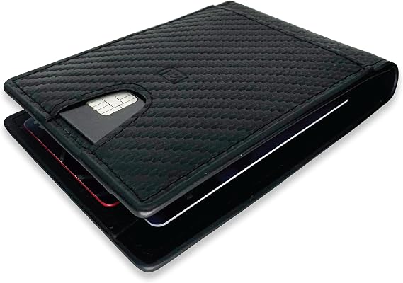 Modern Carry Minimal Bifold Wallet with Metal Money Clip, RFID Blocking Slim Leather Wallet for Men Front Pocket Minimalist Wallet Holds Cards & Cash Securely - Black Carbon