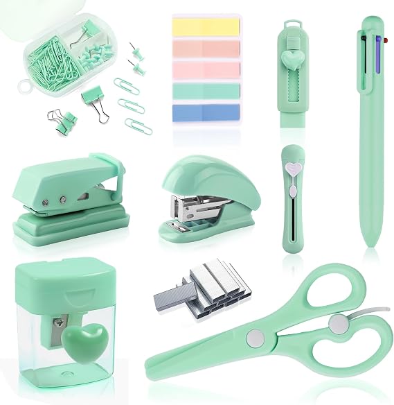 Green Mini Office Supply Kit Mini School Supplies Desk Accessory Set Includes Mini Stapler Pencil Sharpener Staple Remover Hole Punch Ballpoint Pen Scissor Box Cutter Paper Clips Sticky Index Tabs