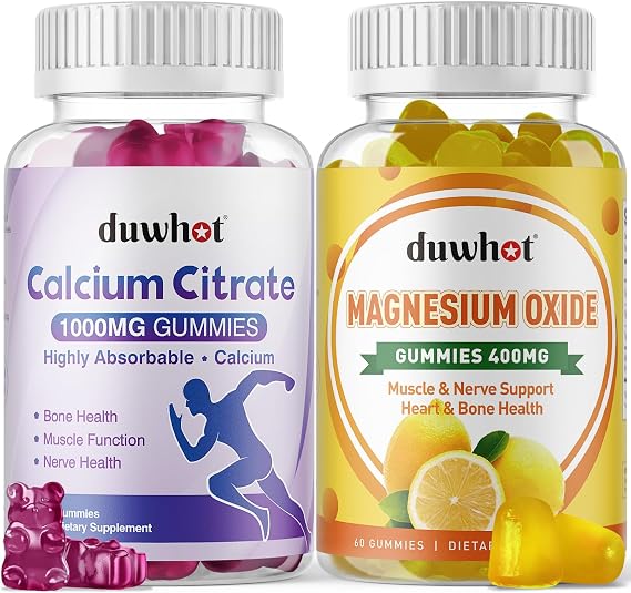 Calcium Citrate Gummies 1000mg & Magnesium Oxide Gummies 400mg, Chewable Calcium Magnesium Supplements for Women & Men Bone, Muscle, Nerve Health