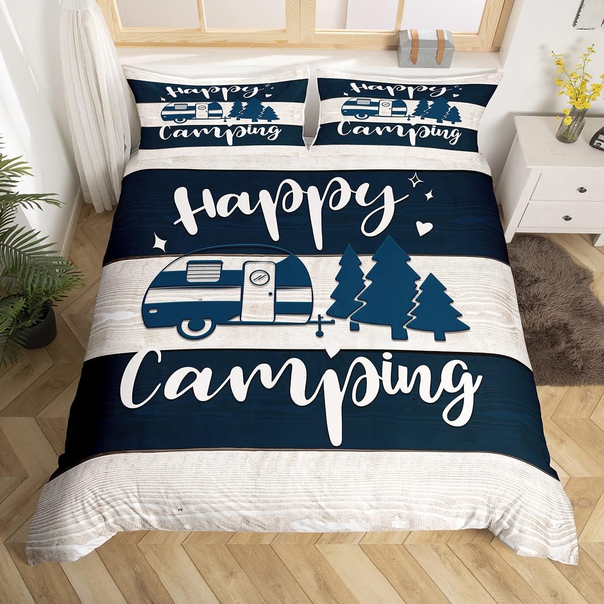 Happy Camping Duvet Cover Double Size 3 Pcs Retro Blue Red White Wooden Stripes Bedding Set for Kids Teens Adults Cartoon RV Trees Rustic Farmhouse Style Comforter Cover with 2 Pillowcases