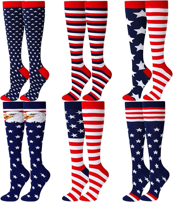 6 Pairs American Flag Socks for Women, Knee High USA Socks for 4th of July Patriotic Stars,250th anniversary Funny Gifts