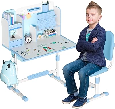 US Shipped Kids Functional Desk and Chair Set, Ergonomic Height Adjustable Children School Study Desk with Book Stand, Storage Drawer and Metal Hook for Boys Girls