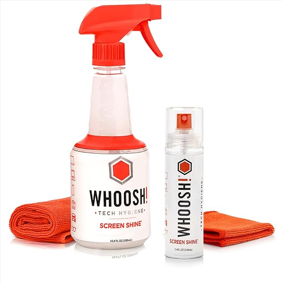 WHOOSH! Screen Cleaner Spray & Microfiber Cloths Bundle | 16.9 & 3.4 fl oz + 1 Microfiber Cloth (14x14) + 1 Microfiber Cloth (6x6)