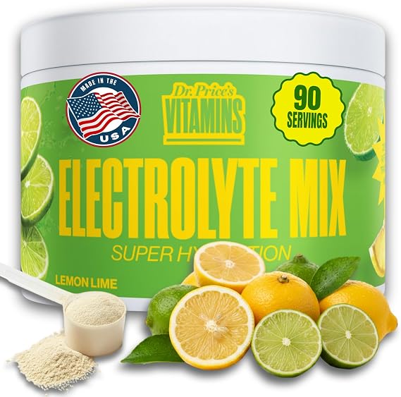 Dr. Price's Vitamins Electrolytes Powder Sugar Free, Lemon Lime 90 Servings | Electrolyte Mix, Bulk Hydration Powder, Sodium, Potassium & 72+ Trace Minerals, Keto Friendly, Made in USA, Doctor-Formulated