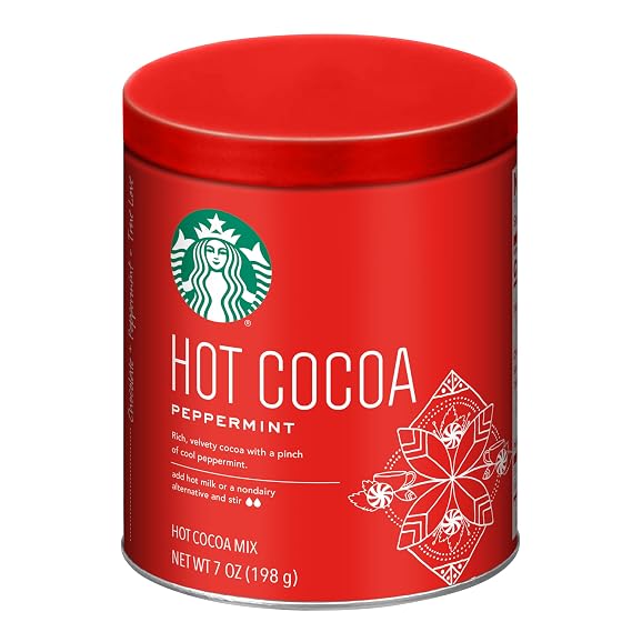 Starbucks Hot Cocoa Mix for Rich Chocolate Flavor and Cozy Beverages, Peppermint Hot Cocoa with Cool Peppermint Taste, 7 Ounce Tin (Pack of 1)