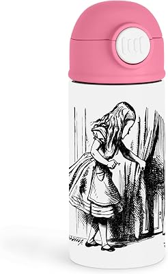 Sweet Wonderland Fans 12oz Kids Pink Bottle – Alice illustration opening a door in black and white – School Lunch, Playdates