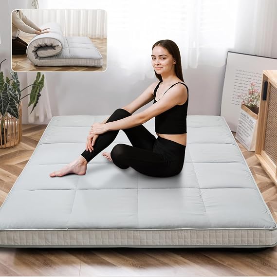 Japanese Floor Mattress Futon Mattress, Foldable Mattress Topper Thicken Tatami Mat Roll Up Mattress, Folding Sleeping Pad Breathable Floor Lounger Guest Bed for Camping Couch, Twin Full Queen