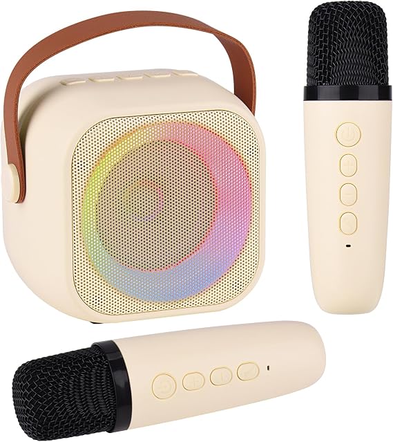 Karaoke Machine for Kids Adults, Mini Portable Bluetooth Karaoke Speaker with 2 Wireless Microphone and Lights,Toys for All Smartphones,Birthday, Family,Home Party Beige